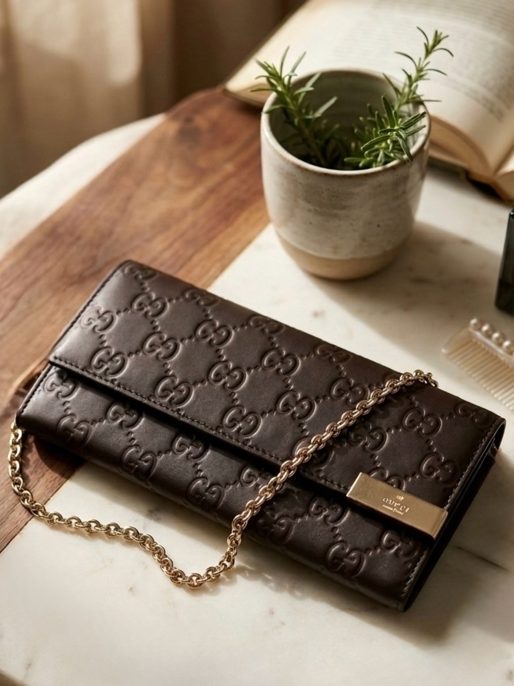 Authentic Gucci Chocolate Brown Embossed GG Leather Chain Clutch- FREE COA